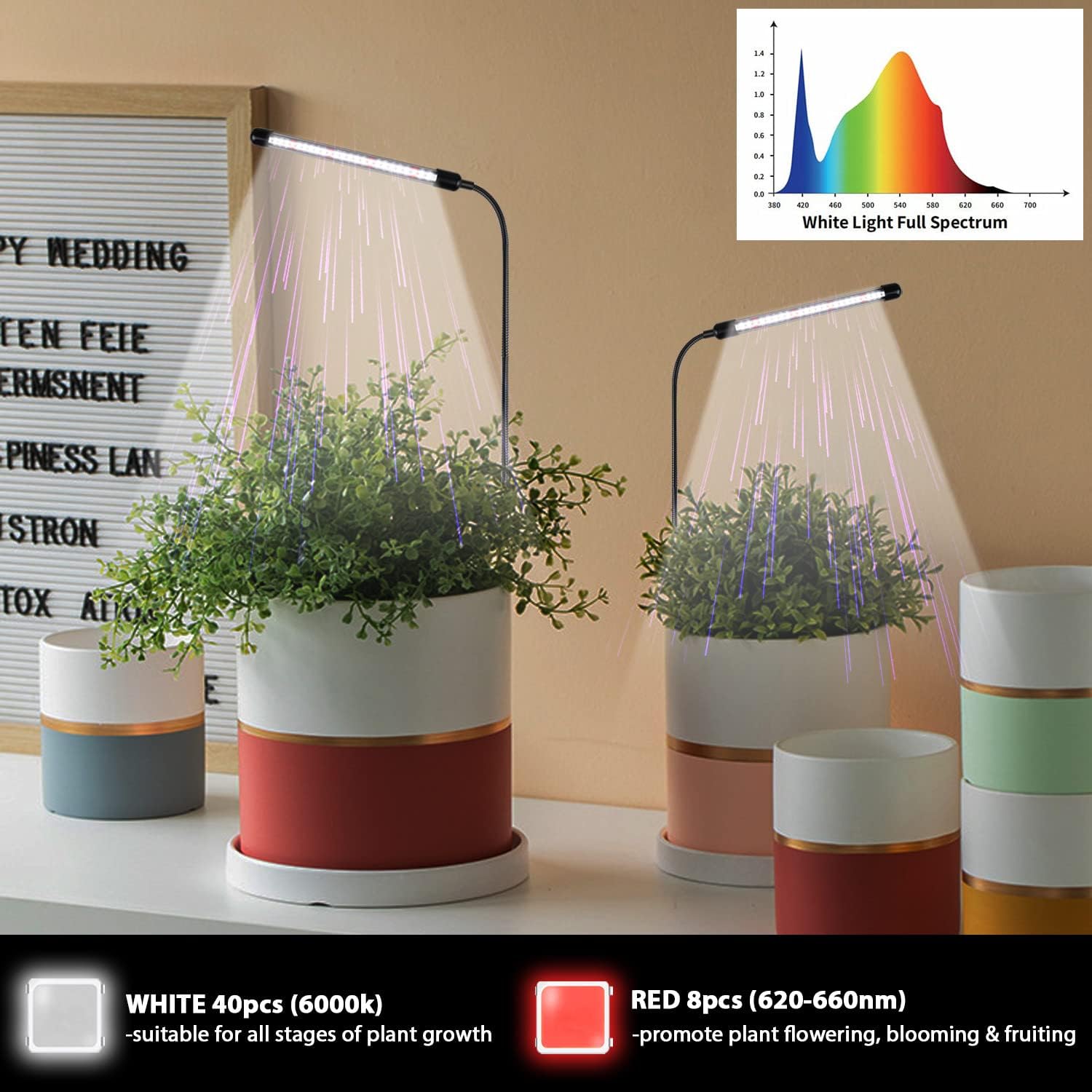 Grow Light for Indoor Plants Growing, 6000K Full Spectrum Gooseneck Plant Lamp for Seedings Succulents Small Plants