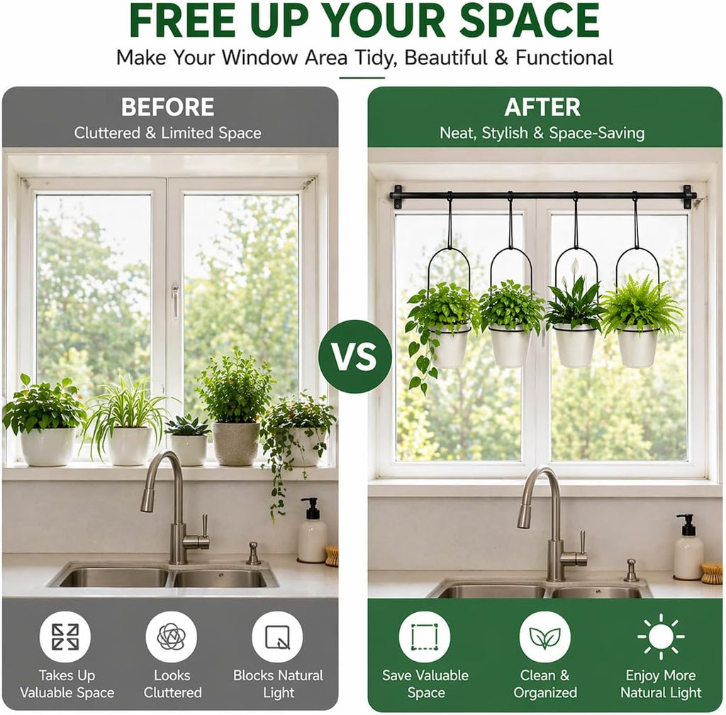 Adjustable Hanging Window Planter with 4 Pots, Space Saving Indoor Herb Garden Plant Hanger, Metal Vertical Plant Rack