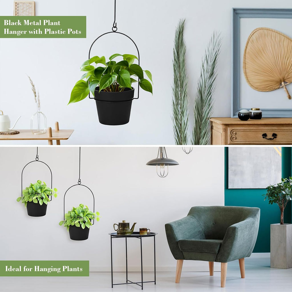 Hushee 6 Packs Metal Hanging Planters for Outdoor Indoor Plants Plant Hanger with 6.3'' Plastic Pots Hanging Planter