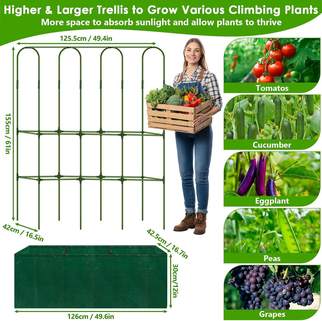 ROADPLUM Cucumber Trellis for Climbing Plants with Grow Bag, 61" Tall Metal U-Frame Garden Trellis for Raised Bed with