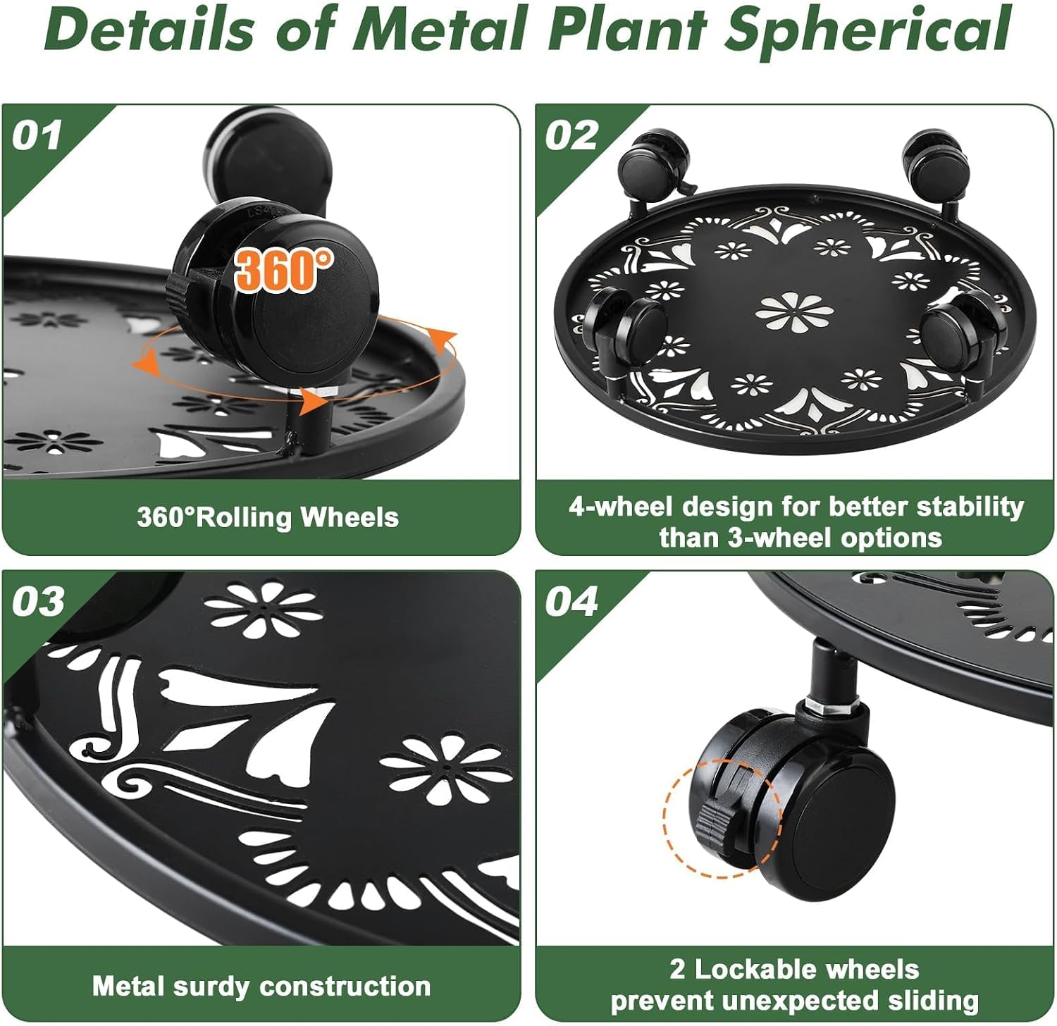 4 Pack Rolling Plant Caddy with Wheels 14 Inch, Plant Rollers with Wheels Metal Plant Caddy with Wheels Heavy Duty
