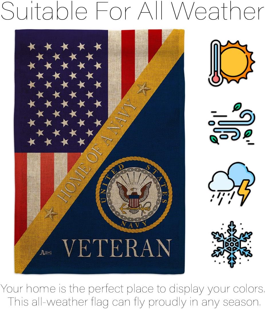 Home of Navy Burlap Garden Flag - Set with Stand Armed Forces USN Seabee United State American Military Veteran Retire