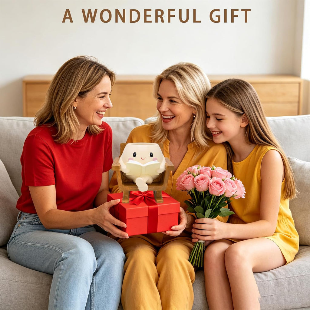 Cute Rocking Chair Smiley Face Planter Pot for Indoor Outdoor | Unique Book Garden Plant Pots with Drainage, Funny
