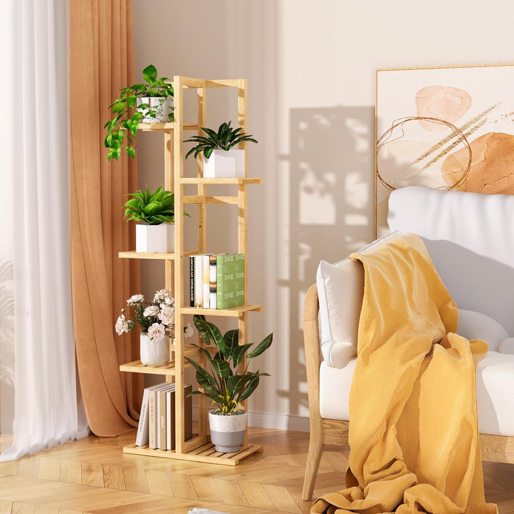 ROMGUAR CRAFT 6 Tier Bamboo Plant Stand Indoor, Wood Tall Flower Holder Corner Tiered Plant Shelf for Multiple Plants