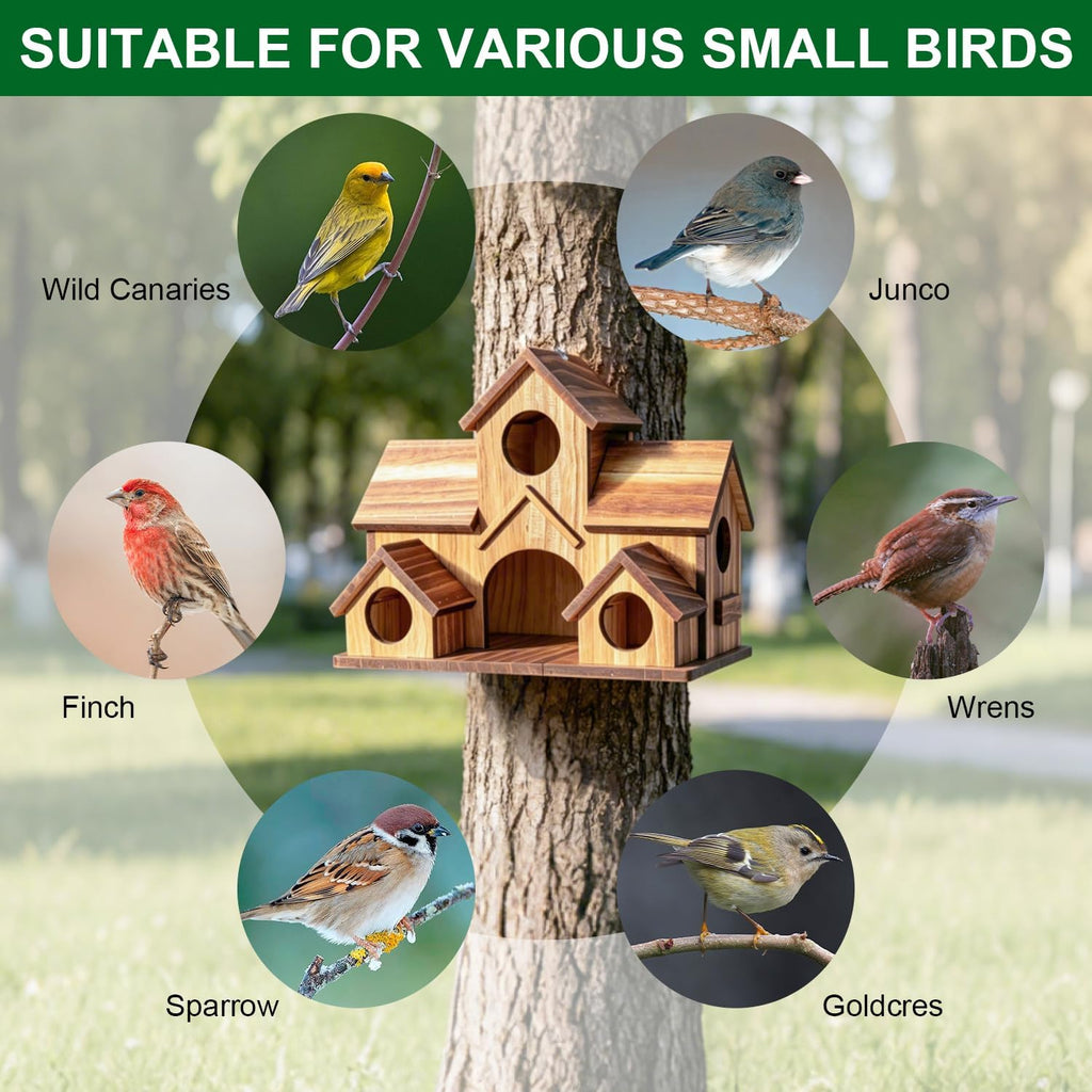 Bird House for Outside, 5-Hole Outdoor Wooden Birdhouse for Chickadee Bluebird Finch Wren Hummingbird, Weatherproof