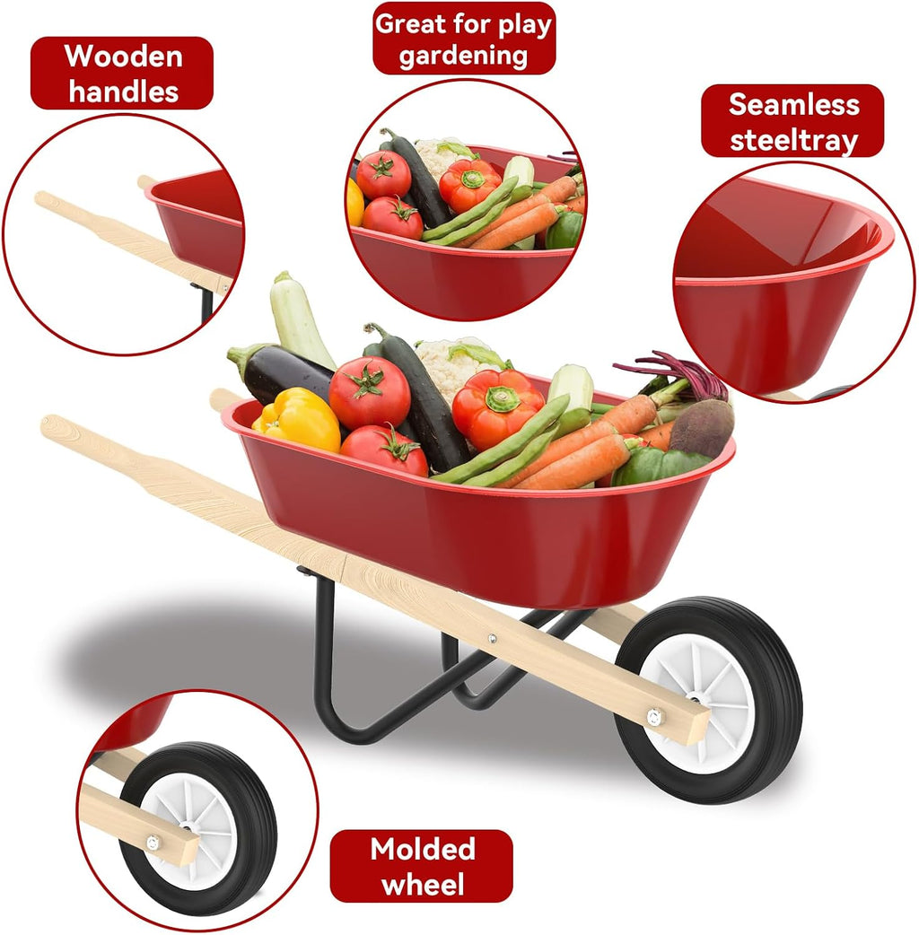 Qtioucp Kids Gardening Wheelbarrow Set, Metal & Wooden Garden Tools for Kids Ages 3-8, Real Wheelbarrows with Apron