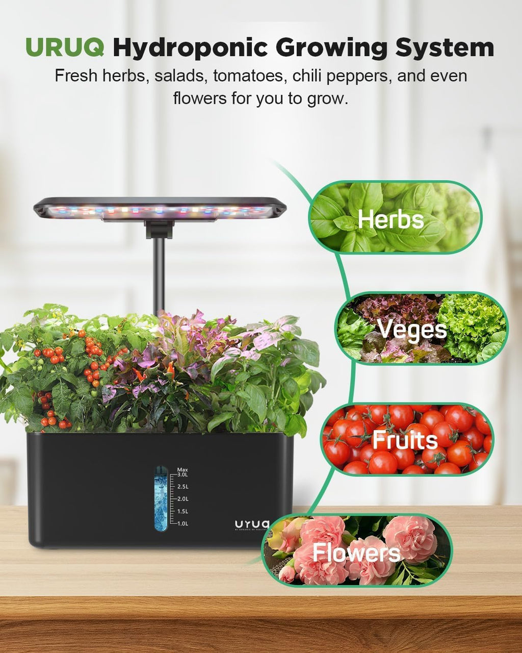 URUQ 8 Pods Hydroponics Growing System with LED Grow Light - Black | Quiet Water Pump, Automatic Timer, Adjustable