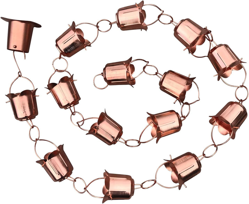 Rain Chains - Pure Copper Tulip Rain Chains for Downspouts. 8.5 Feet Length. Free Gutter Adapter. Windchime and