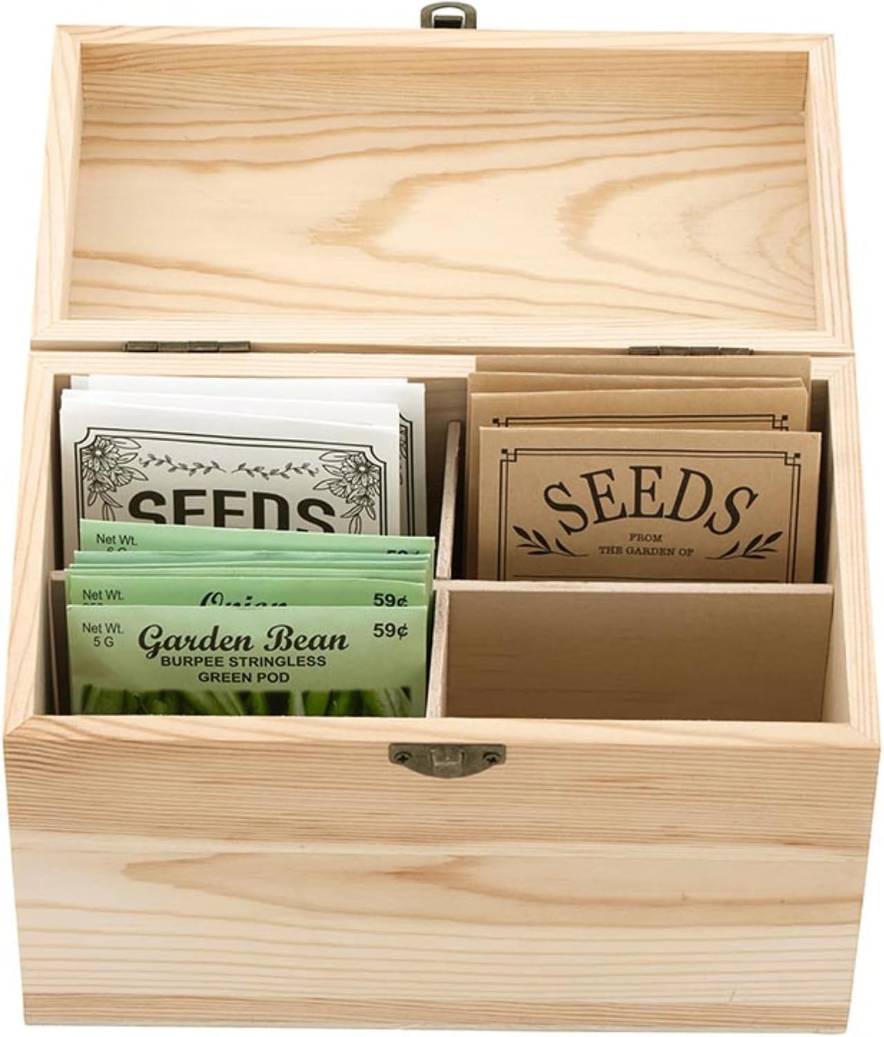 Santa Barbara Design Studio Seed Storage Box with 4 Dividers Wooden Storage Organizer, 7.75" x 4.5" x 5.5", Live Love