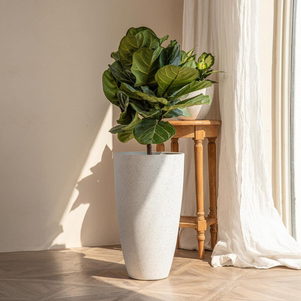 LA Jolie Muse 20 Inch Tall White Planters,Set of 2 Indoor/Outdoor Tall Planters with Shelf Insert and Trays,Modern