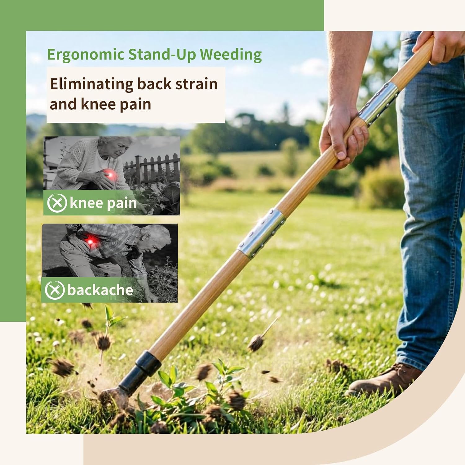 Weed Puller Tool, 44" Stand Up Heavy Duty Root Removal Garden Tools with 4 Claw Steel Head, Made with Real Bamboo &