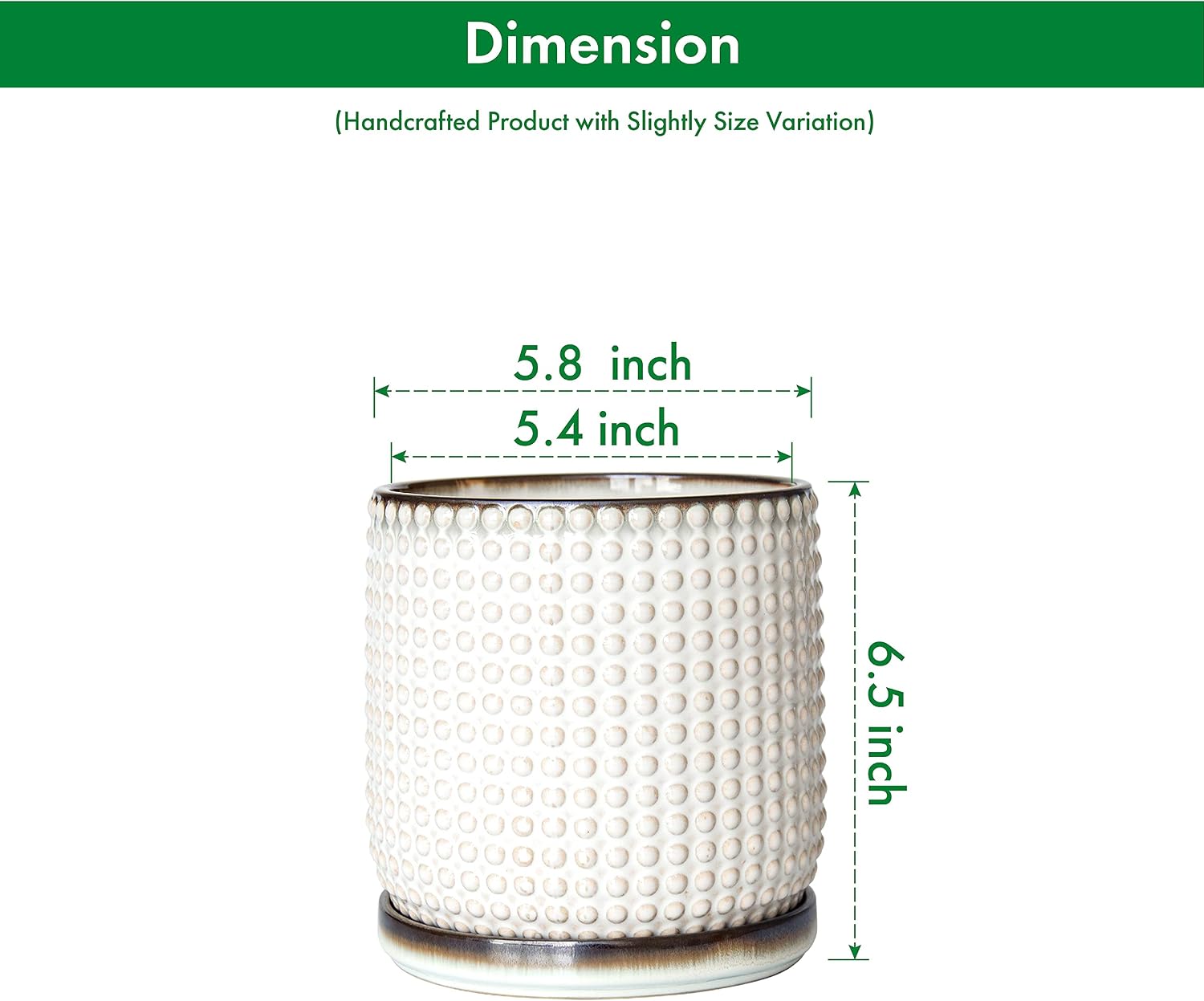 D'vine Dev Beaded Ceramic Pot with Saucer, 6 in, Smoked White, 27-C-X-1 | Embossed Dot Texture, Smooth Glazed Finish