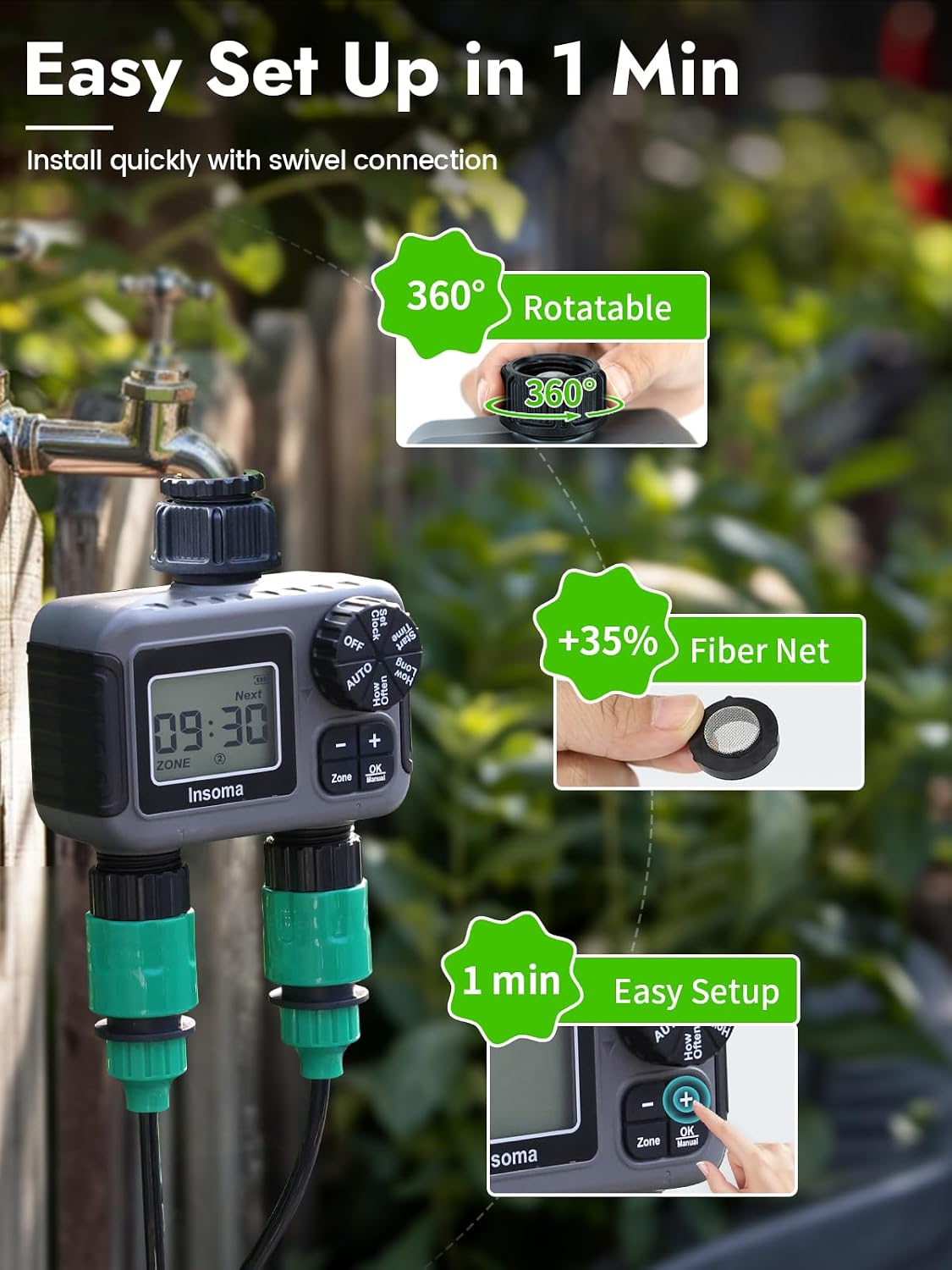 Insoma 2-Zone Sprinkler Timer, Programmable Garden Hose Timer with Auto/Manual/Rain Delay Modes | Water-Saving