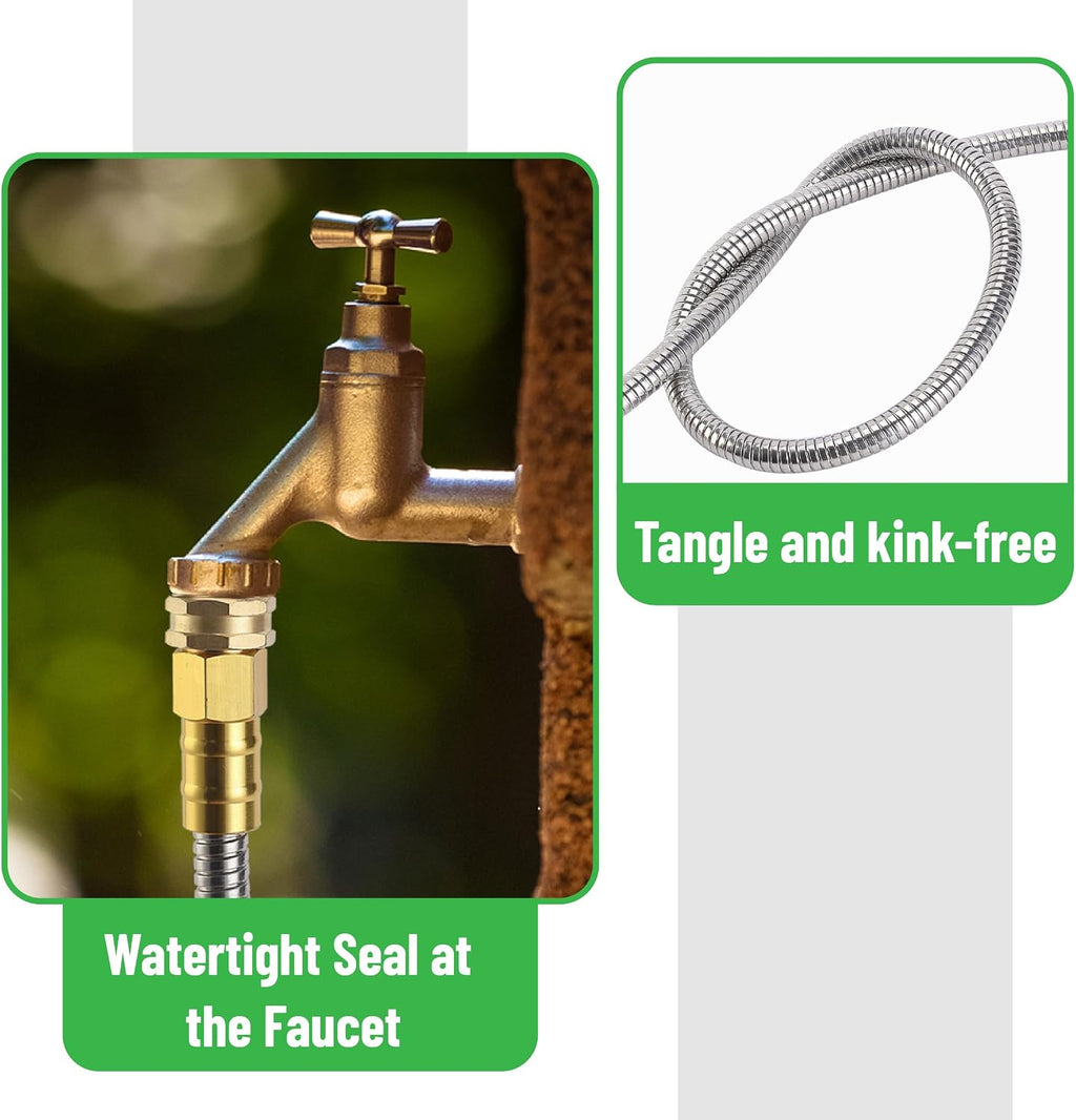 UNCO- Stainless Steel Metal Hose with 4 Function Brass Nozzle, 50 ft, No Kink, Metal Garden Hose