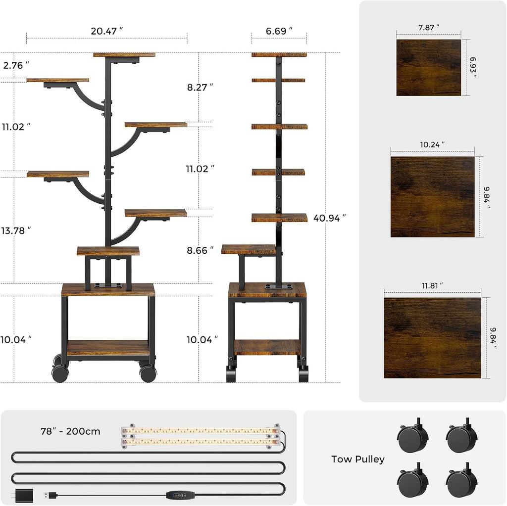 Plant Stand Indoor with Grow Lights - 7-Tier Plant Stand with Wheels, Tall Metal and Wood Indoor Plant Shelf with Tree