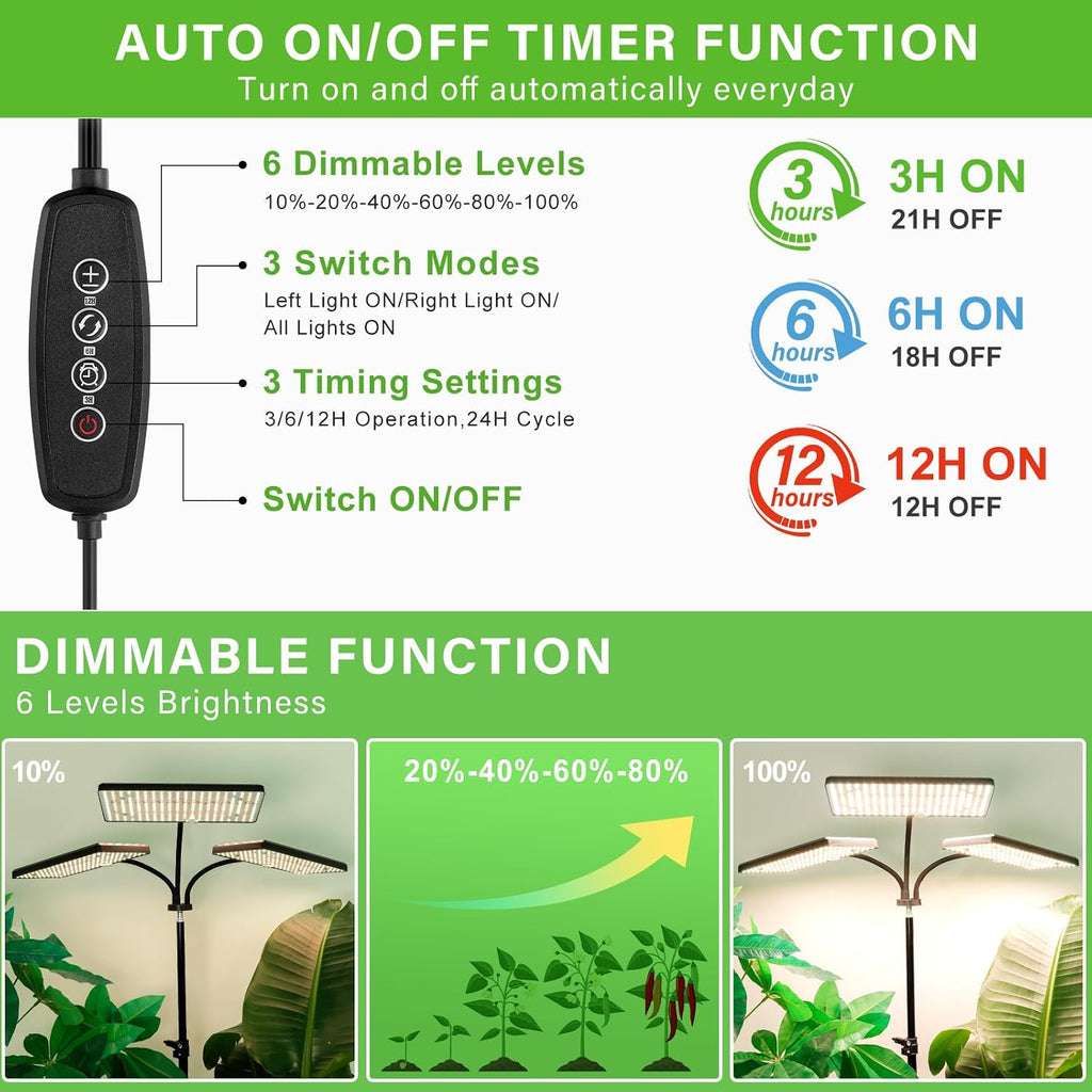 LBW Grow Light for Indoor Plants, 642 LEDs Grow Light with Stand | 3-Head Full Spectrum, 3/6/12H Auto Timer, 6