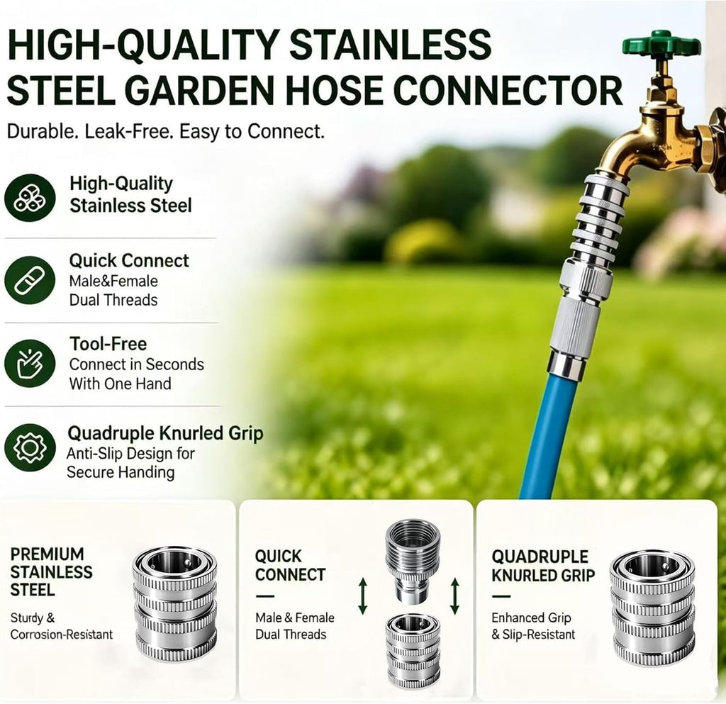 5 Pack Stainless Steel Garden Hose Quick Connect Fittings Set - Quick Connect Hose Fittings, Heavy-Duty 1/2" to 3/4"