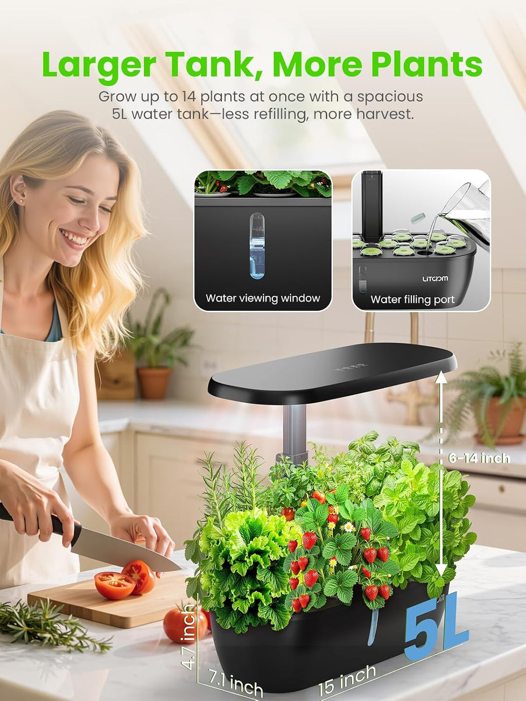litokam Hydroponics Growing System Kit, 15-Pod Indoor Herb Garden Planter with 24W Grow Light & APP Control, Indoor