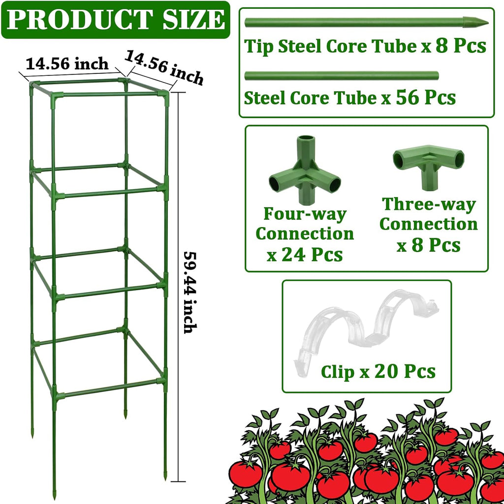 60 Inch Heavy Duty Tomato Cages for Garden with Clips 2 Pack | Square Tomato Trellis for Raised Garden Bed, Adjustable