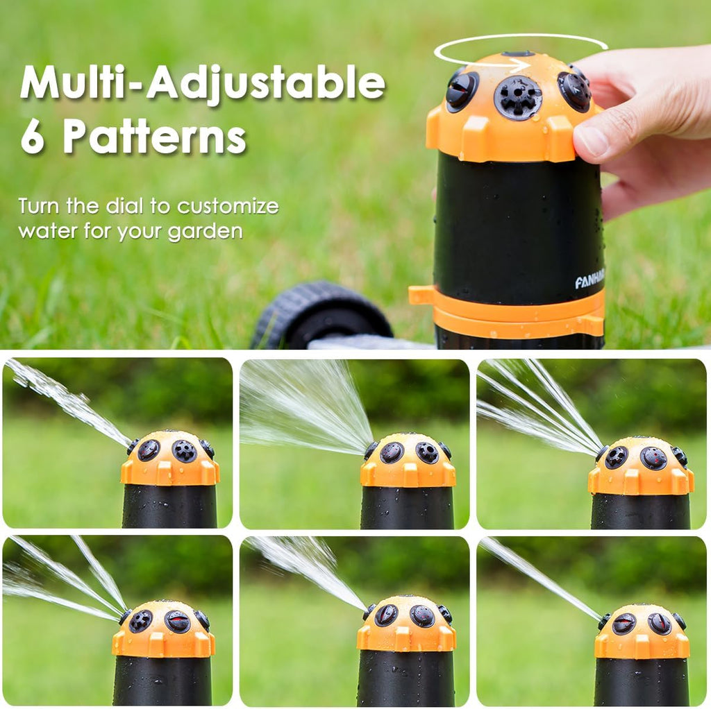 FANHAO Gear Drive Lawn Sprinkler with Metal Wheel Base, Heavy Duty 6-Pattern Water Sprinkler System, Adjustable