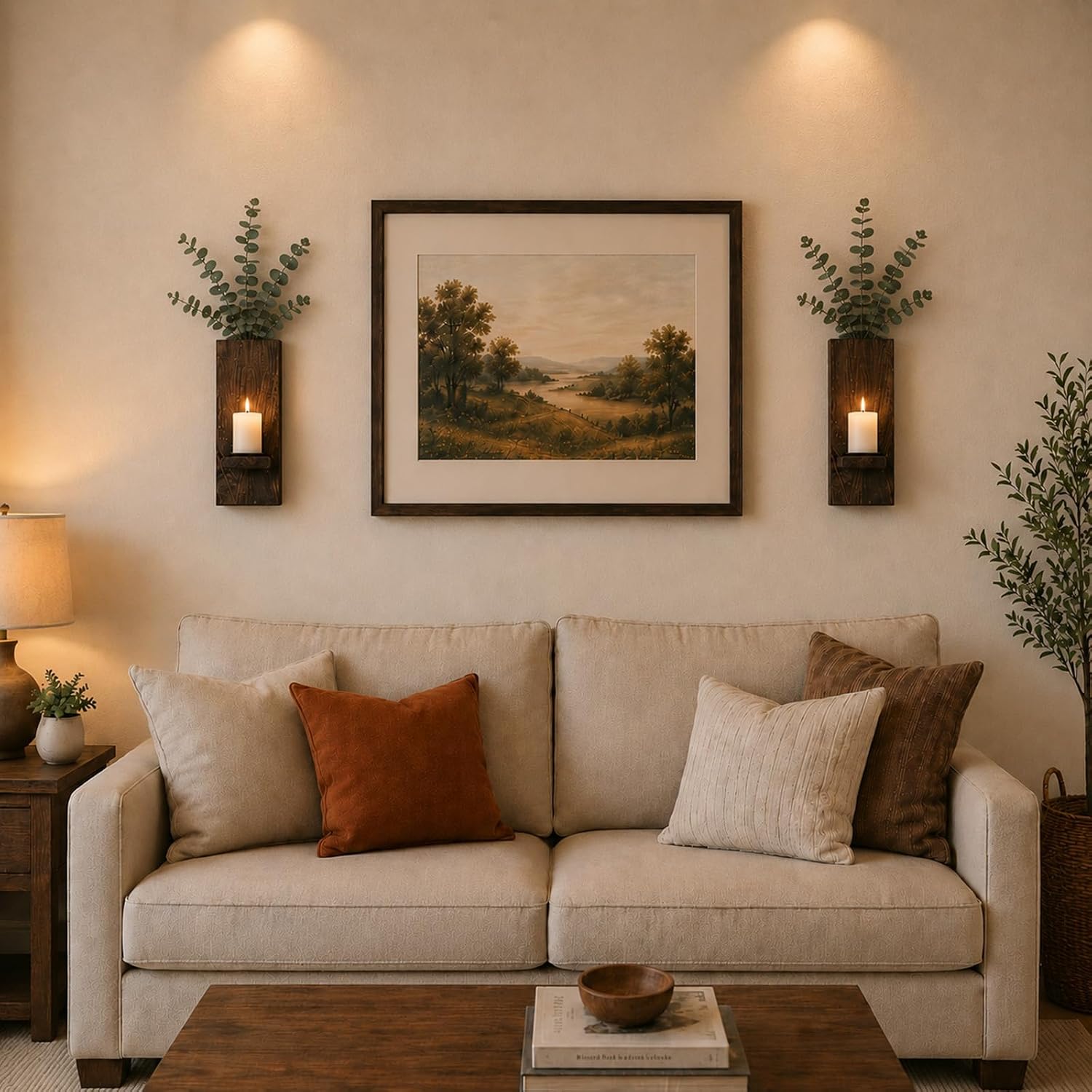 Wood Wall Decor Set of 2, Farmhouse Wall Planter for Small Spaces | wall vase and candle sconce in one, eucalyptus and
