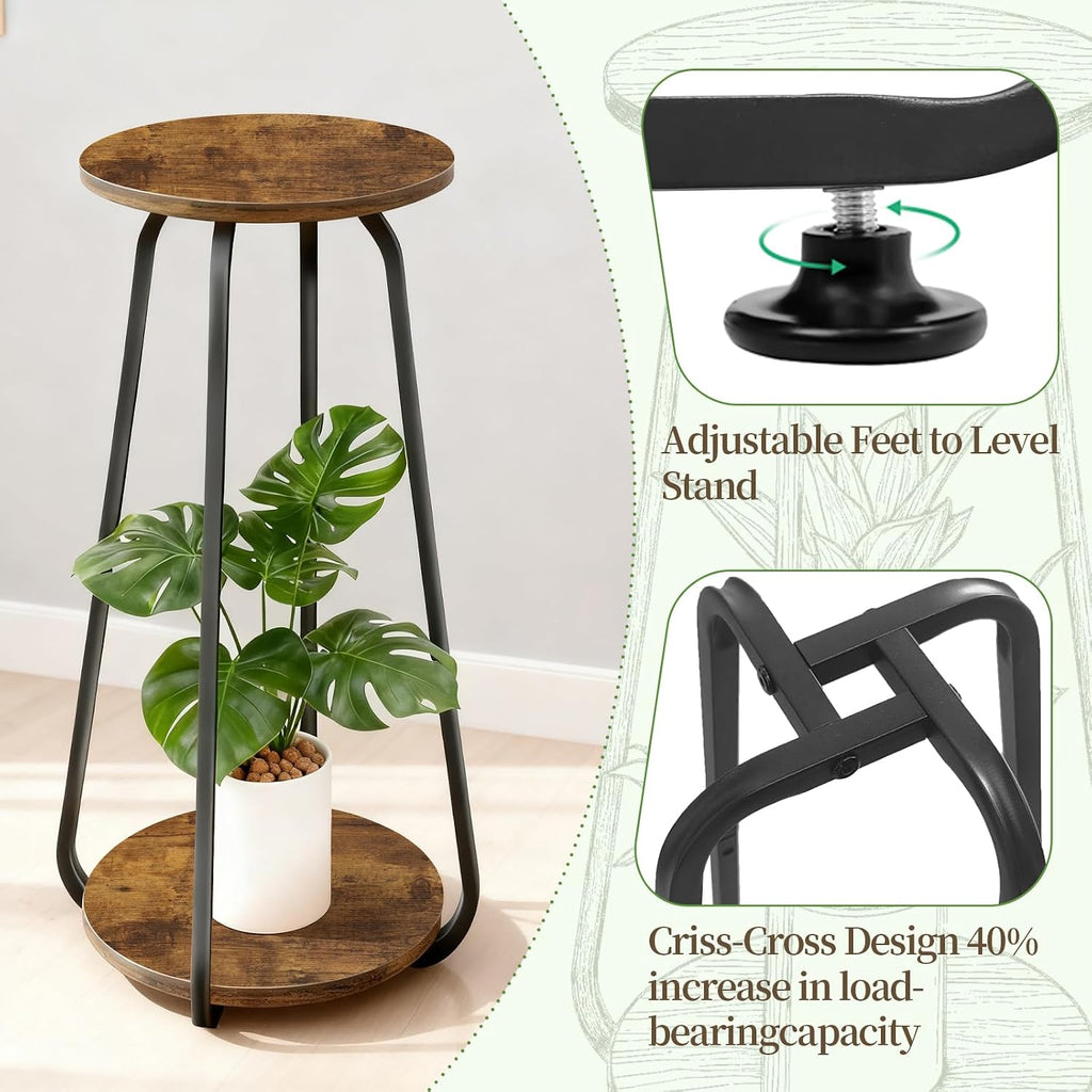 Plant Stand Indoor, 2 Tier Metal Wood Plant Shelf for Living Room | Round Plant Pedestal Stands Saves Space Flower
