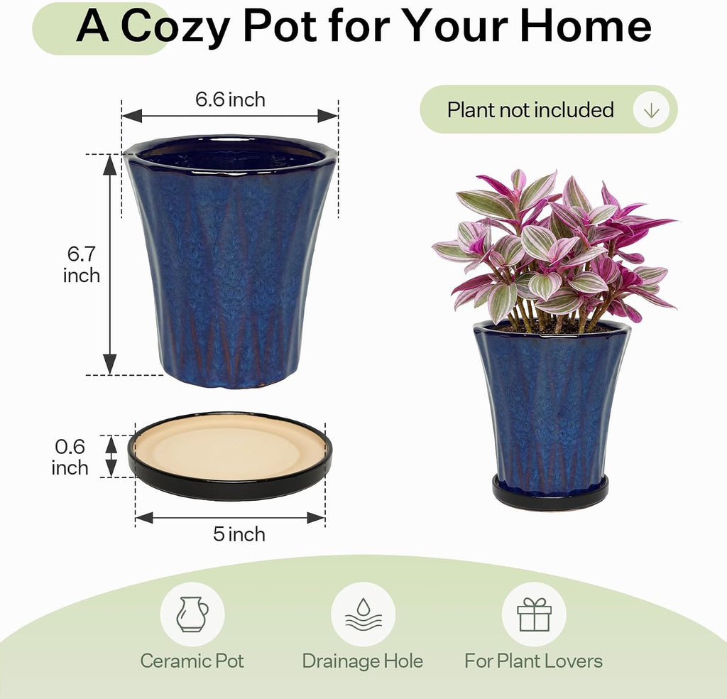 6.6 Inch Ceramic Planters with Drainage Hole and Saucer,Indoor Outdoor Large Flower Pots, Garden Pot for Plant Lovers