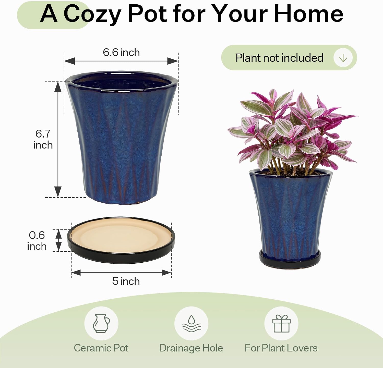 6.6 Inch Ceramic Planters with Drainage Hole and Saucer,Indoor Outdoor Large Flower Pots, Garden Pot for Plant Lovers