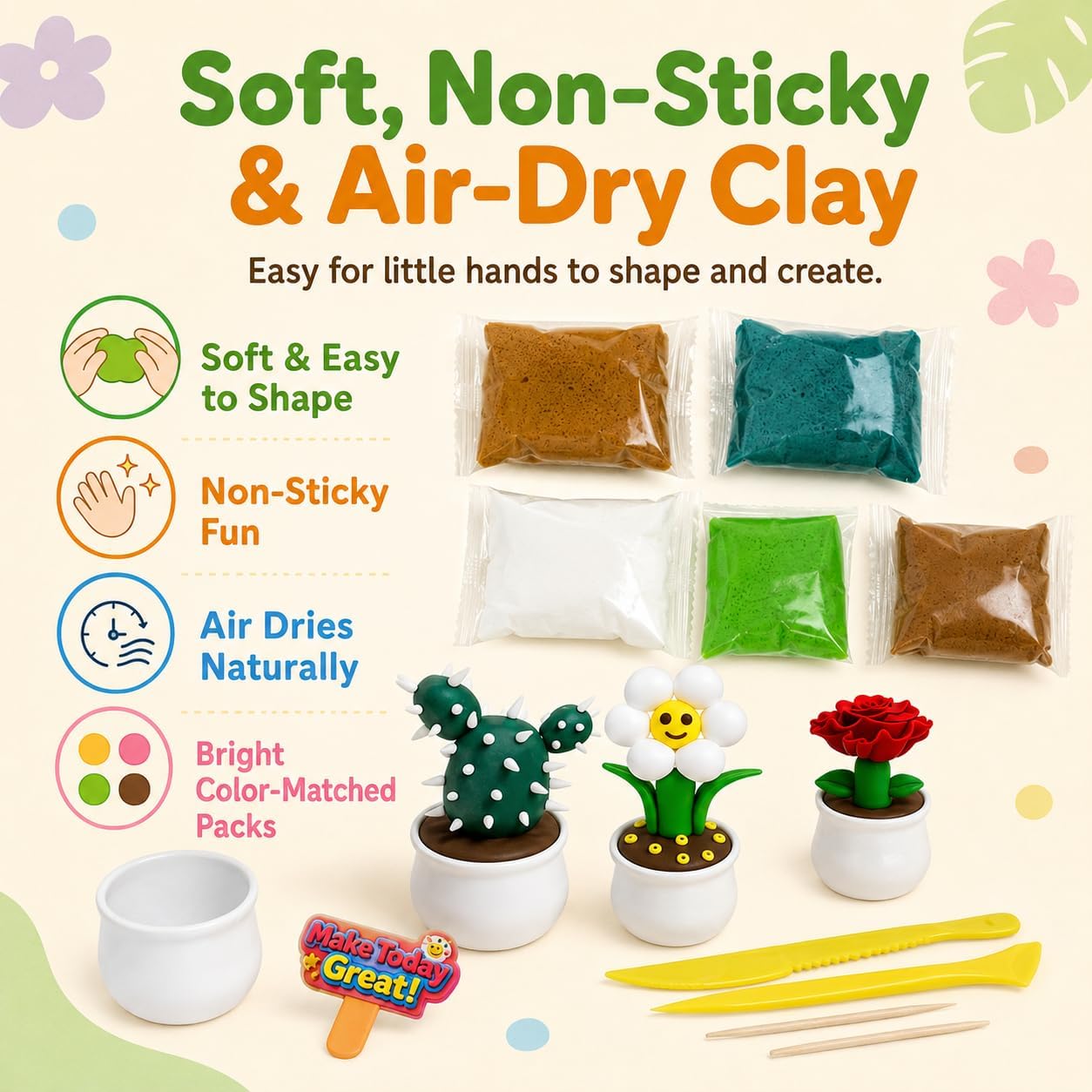 Air Dry Clay Kit for Kids, 12 Plants Modeling Magic Clay Sculpting Tools | Ultra-Light & Soft, Safe and Non-Sticky, DIY