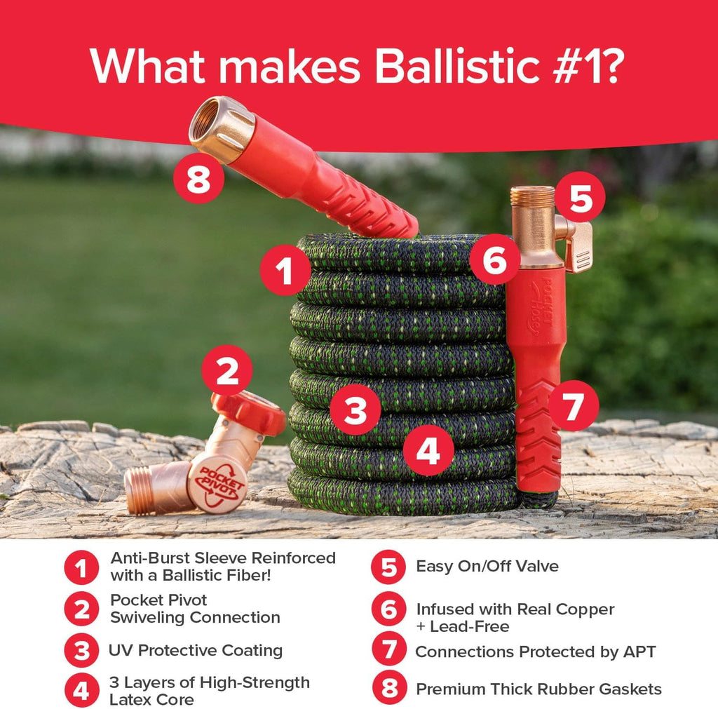 Pocket Hose Ballistic Double UV Edition 100 FT Expandable Garden Hose w/Pocket Pivot Swivel Connector, Anti-Burst