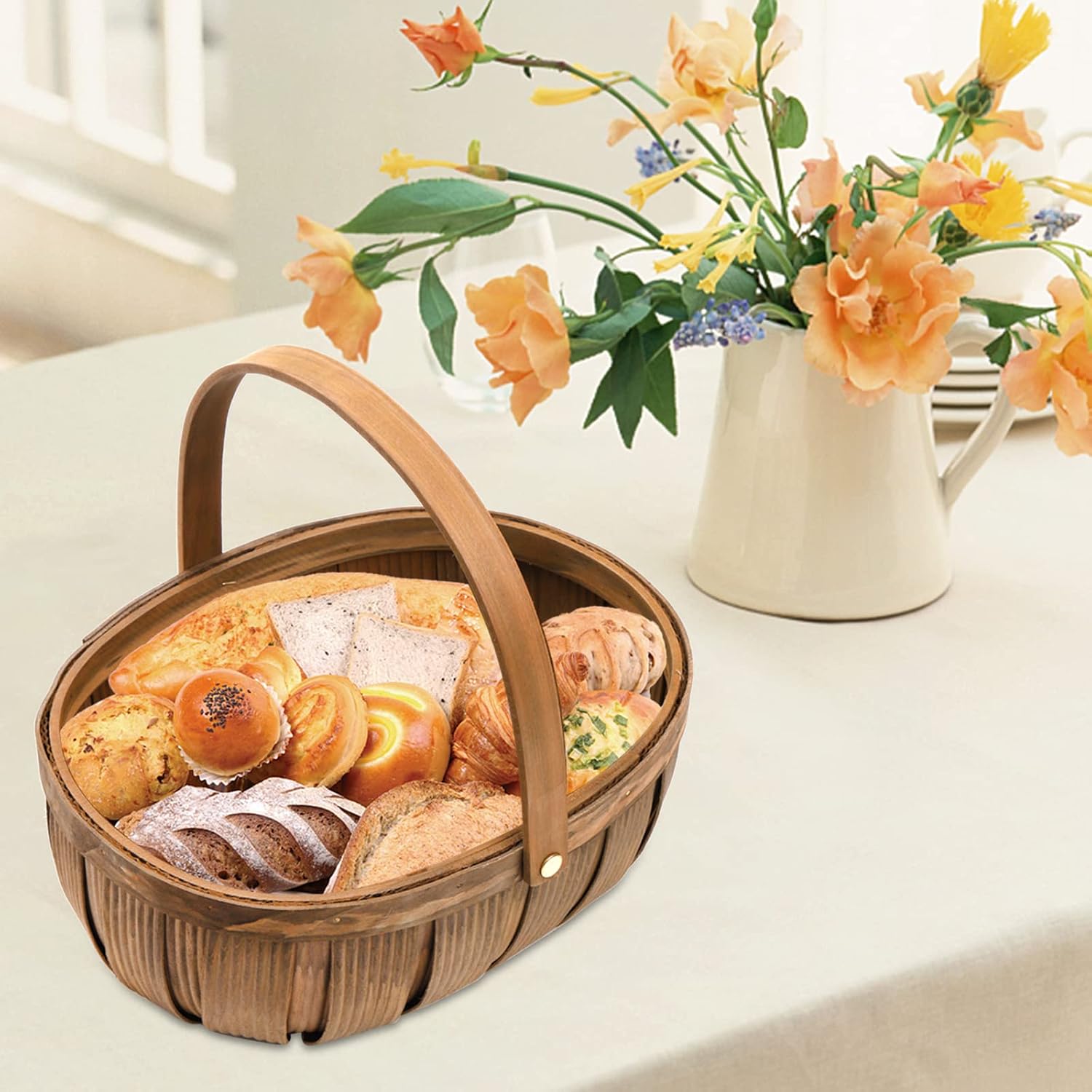 Lawei 3 Pack Wooden Bread Baskets, Wood Chip Picnic Basket with Handles, Handmade Woven Fruits Vegetable Storage