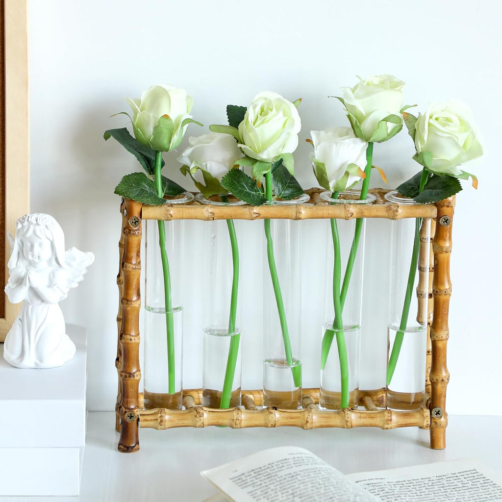 Natural Bamboo Vase with 5 Glass Tubes, Plant Propagation Station with Test Tube, Hydroponic Plants Cutting, Modern Art