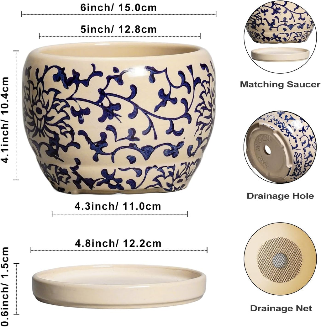 SQOWL Ceramic Flower Pots - 6 Inch Plant Pot Indoor with Drainage Hole and Saucer, Porcelain Ceramic Planter Outdoor