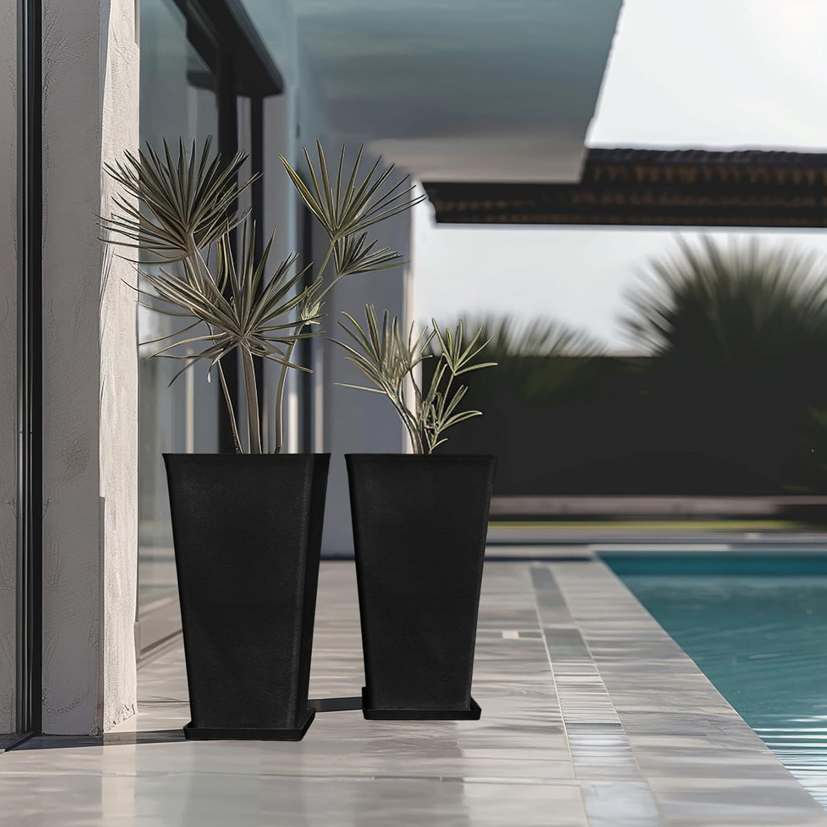 LA JOLIE MUSE Tall Outdoor Planters Set of 2, 26 Inch Large Tapered Planter | Tall Black Rectangular Planters with