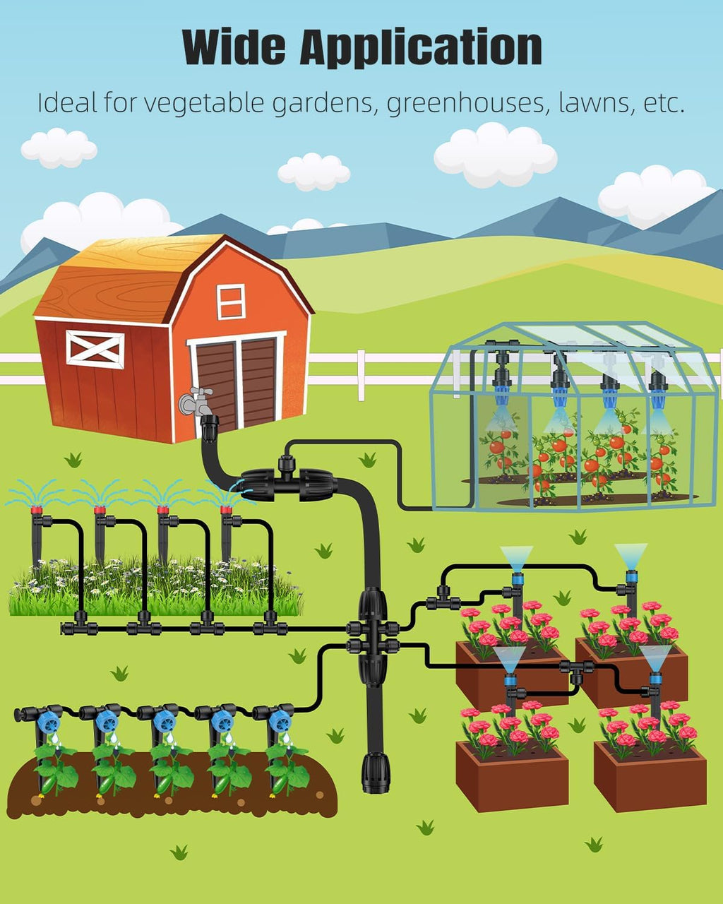 Pawfly 250 ft Drip Irrigation System, Quick-Connect Drip Irrigation Kit with 50ft 1/2" & 200ft 1/4" Tubing and