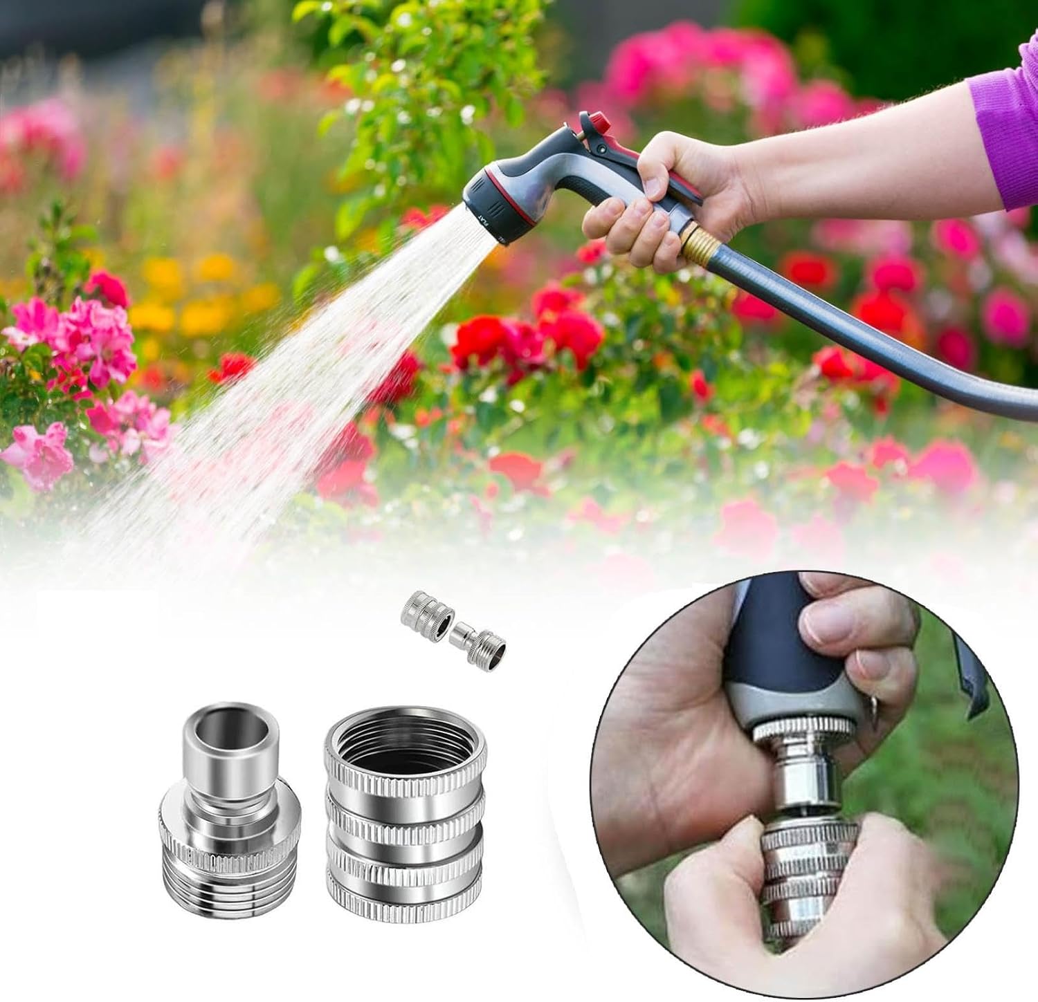 Stainless Steel Garden Hose Quick Connect Fittings Set, 3/4 Inch GHT Quick Release Hose Connector, Heavy-Duty Non-leak