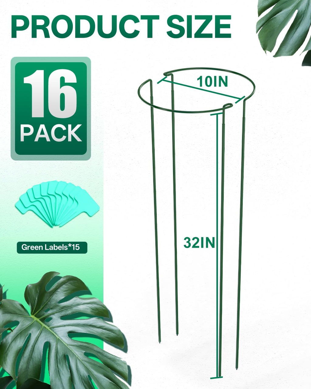 16 Pack 32 in Plant Support Stakes, Peony Cages and Supports with 15 Lable | Rust-proof Metal Plant Stakes, Adjustable