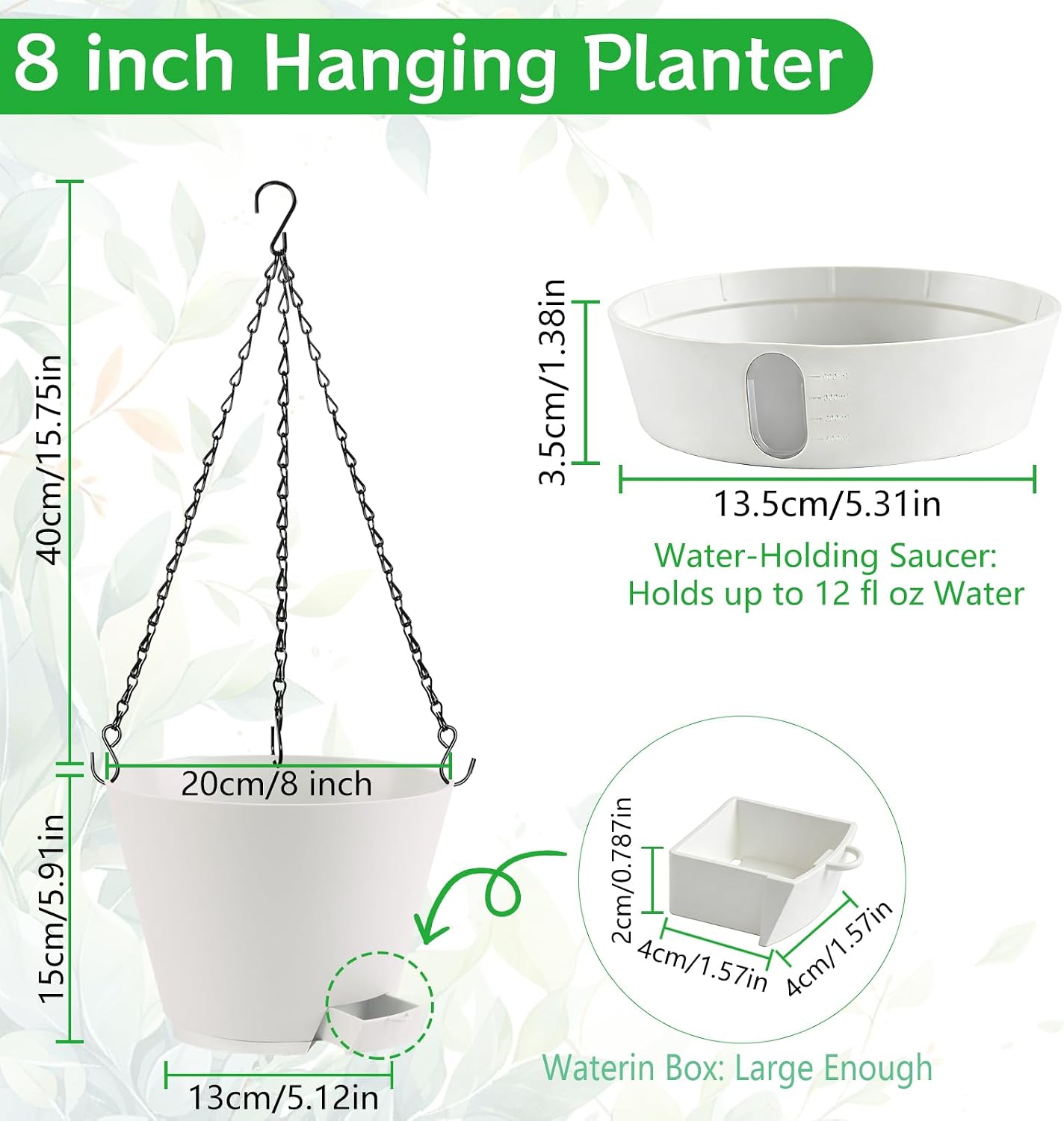 8 Inch Hanging Planters Indoor Outdoor, 3 Pack Plastic Self Watering Plant Pots with Drainage Holes & Saucers, Hanging