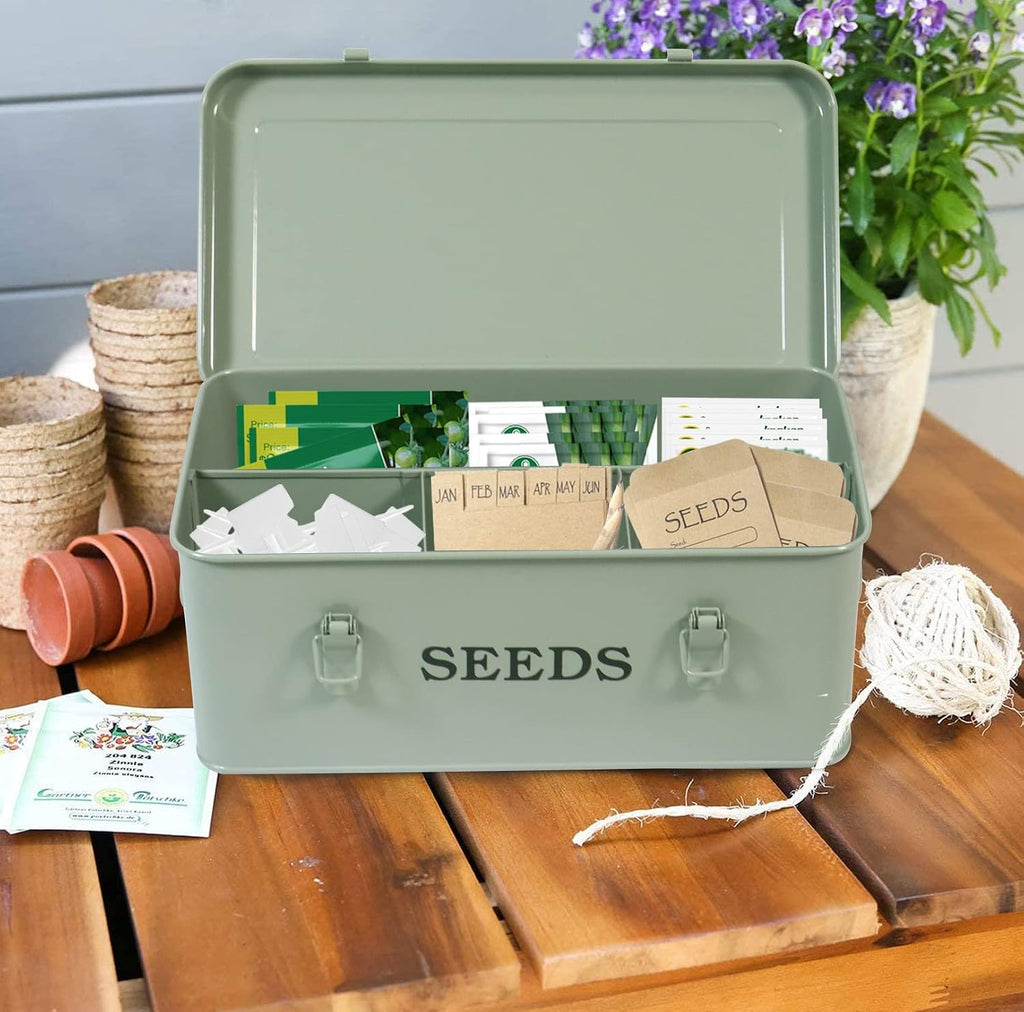 Seed Storage, Metal Seed Box, Seed Storage Organizer Box with Lid & Handle | 4 Compartments Seed Storage Box, Seed