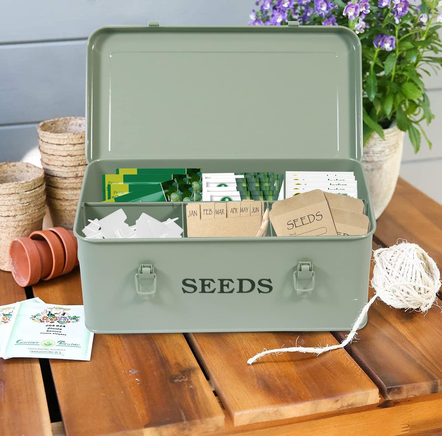 Seed Storage, Metal Seed Box, Seed Storage Organizer Box with Lid & Handle | 4 Compartments Seed Storage Box, Seed