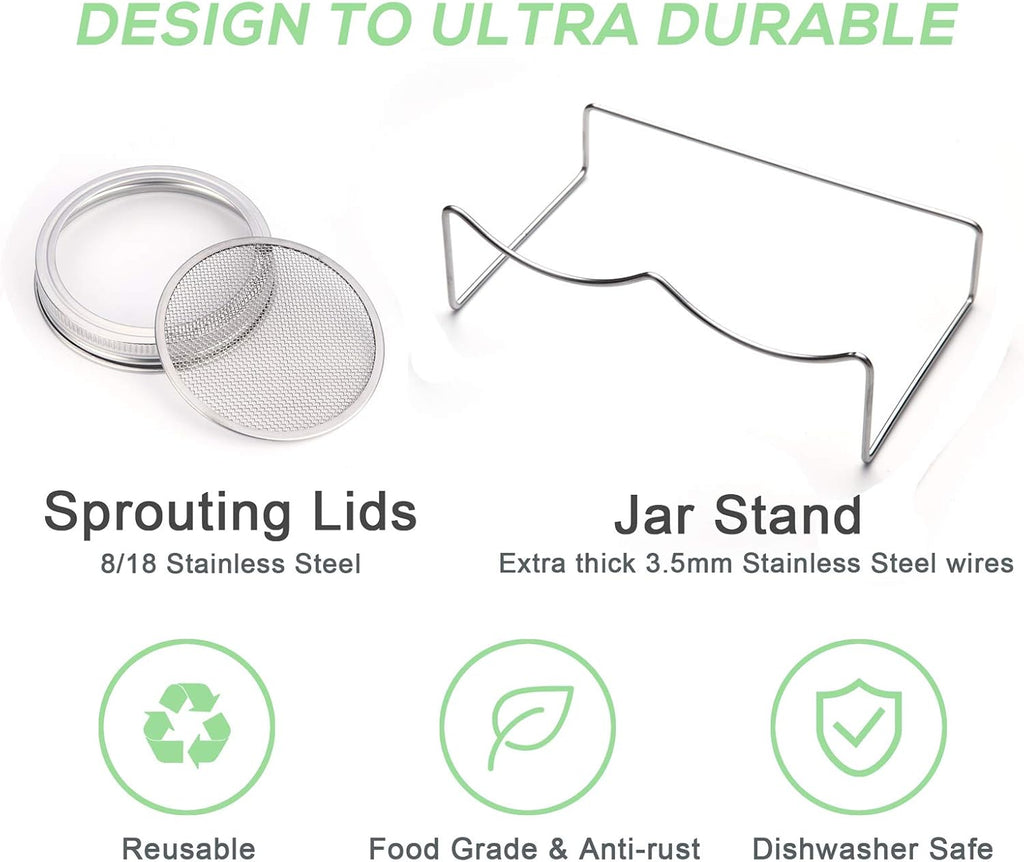 Sprouting Jar Kit-2 Wide Mouth Quart Mason Jars with 316 Stainless Steel Screen Sprout Lids,Melamine Tray,Stand and