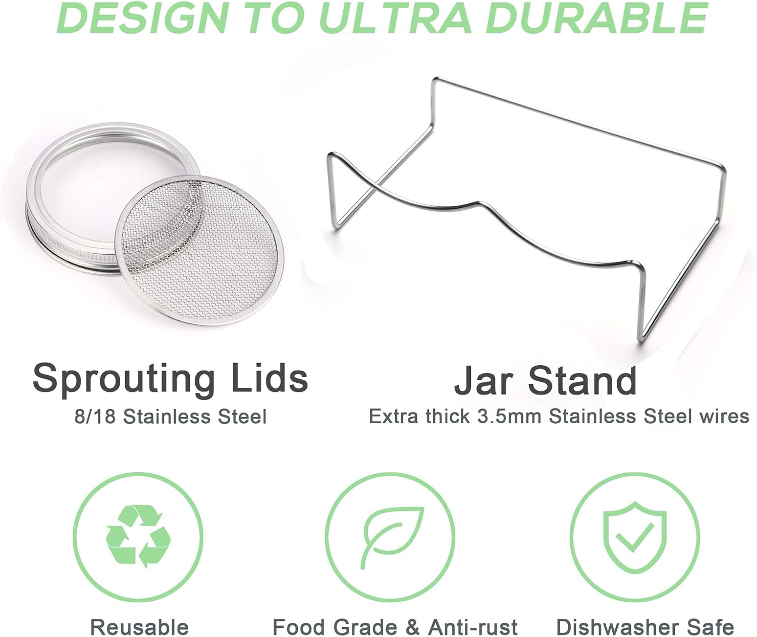 Sprouting Jar Kit-2 Wide Mouth Quart Mason Jars with 316 Stainless Steel Screen Sprout Lids,Melamine Tray,Stand and