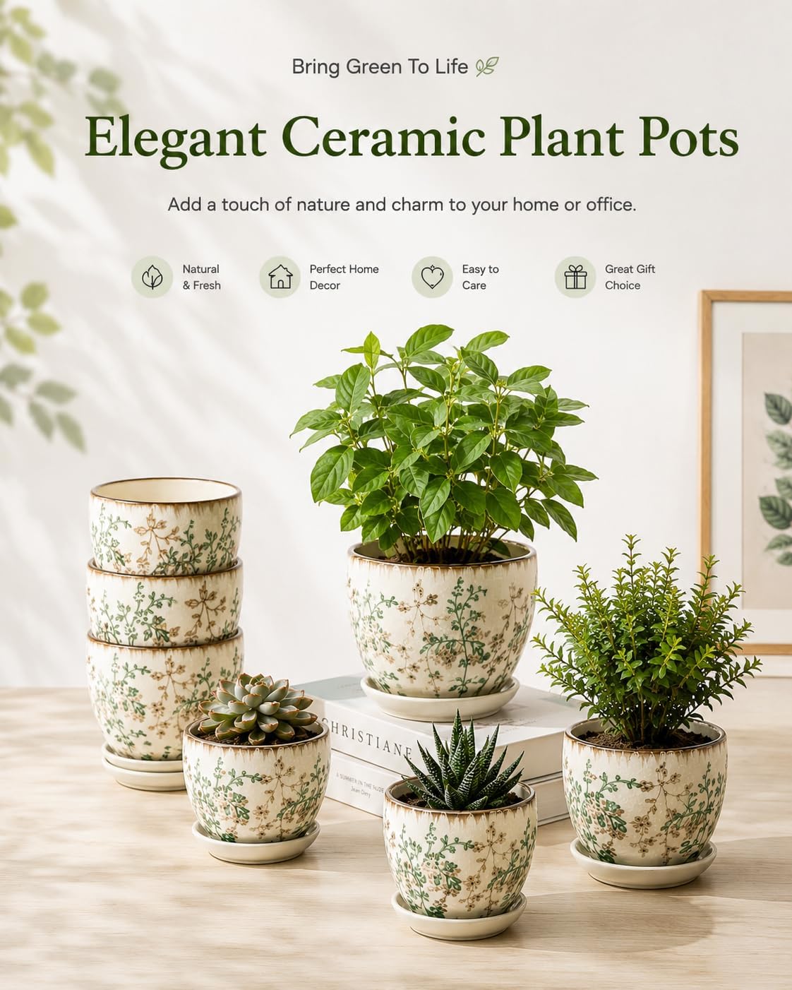 Ceramic Plant Pots, Vintage Succulent Pots, Plant Pots Indoor Set of 4, Planters with Drainage and Attached Saucer, 4.8