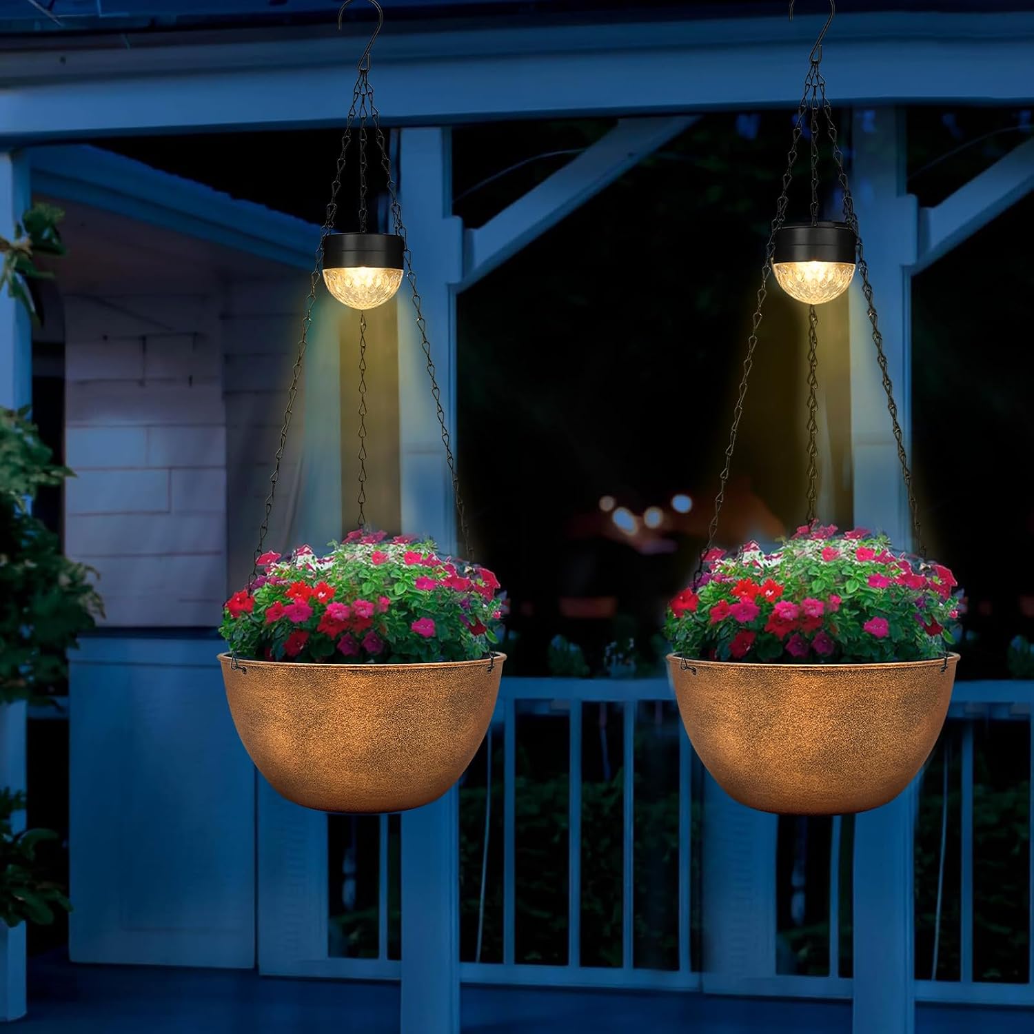 SUNNYPARK 2 Pack Solar Hanging Planters for Plants Outdoor | Self Watering, Bronze Flower Pots with Solar Light