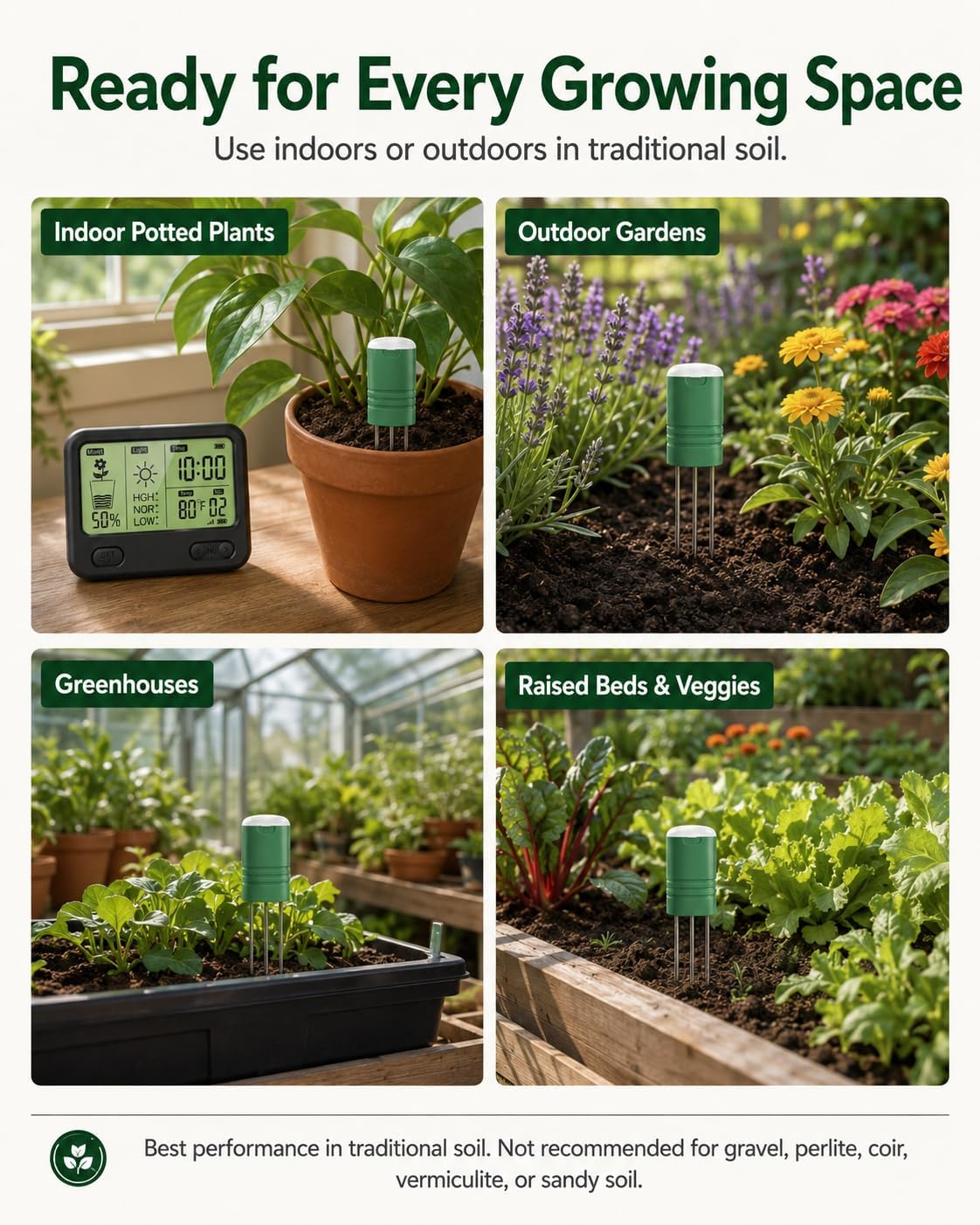 Soil Moisture Meter for Plants, 12-Zone Wireless Plant Water Meter, Soil Thermometer and Light Sensor, 4-in-1 TDR