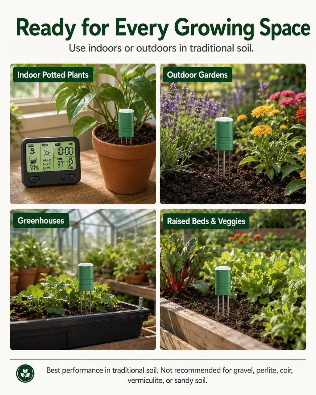 Soil Moisture Meter for Plants, 12-Zone Wireless Plant Water Meter, Soil Thermometer and Light Sensor, 4-in-1 TDR
