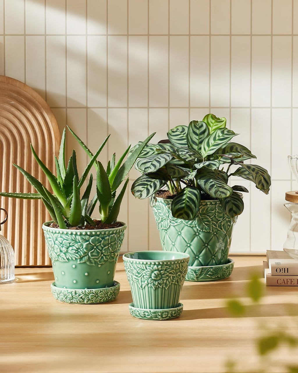 Metahom Ceramic Plant Pots, 4.9 Inch Flower Pots with Drainage Hole & Saucer, Decorative Planter Pots for Indoor