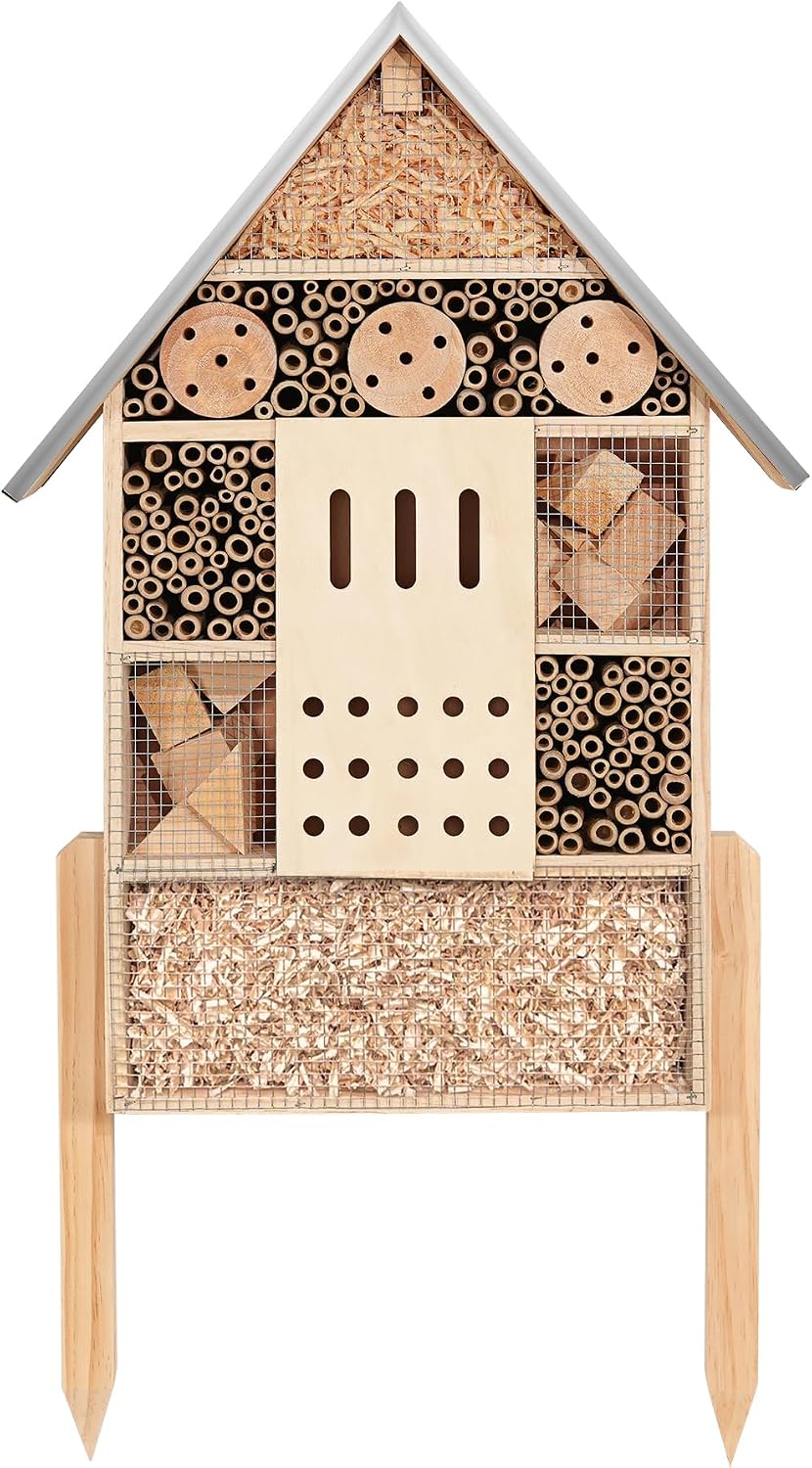 antiai Extra Large Wooden Insect House with Stakes,Wood Mason Bee Butterfly House,Insect Hotel,an Outdoor Bamboo