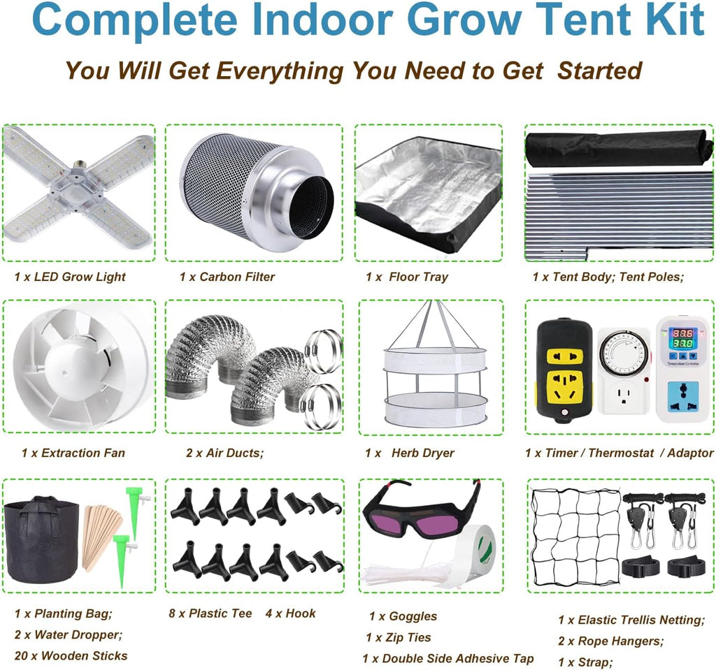 Grow Tent Kit Complete System High Reflective Mylar Indoor Grow Tent Hydroponics Growing Tent with Full Spectrum LED