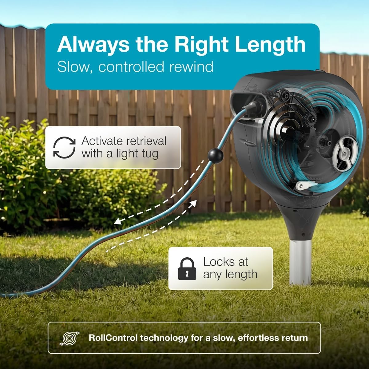 GARDENA Automatic Retractable Garden Hose Reel - 66 Feet - 360 Degree Swivel Outdoor Hose Reel with Metal Spike Base